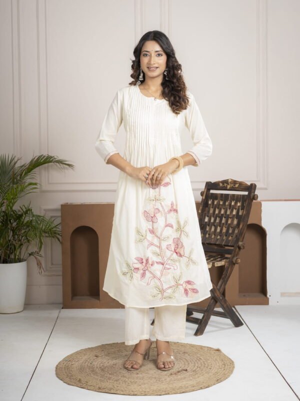 White Cotton Mulmul A-Line Suit Set with Hand Embroidery ethnic wear for women, festive ethnic wear, festive suit set, lightweight silk blend suit, silk blend suit set, silk kurta set, women’s silk suit 