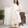 White Cotton Mulmul A-Line Suit Set with Hand Embroidery ethnic wear for women, festive ethnic wear, festive suit set, lightweight silk blend suit, silk blend suit set, silk kurta set, women’s silk suit 