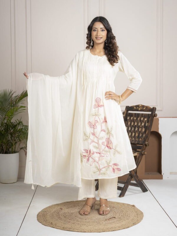 White Cotton Mulmul A-Line Suit Set with Hand Embroidery ethnic wear for women, festive ethnic wear, festive suit set, lightweight silk blend suit, silk blend suit set, silk kurta set, women’s silk suit 