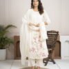 White Cotton Mulmul A-Line Suit Set with Hand Embroidery ethnic wear for women, festive ethnic wear, festive suit set, lightweight silk blend suit, silk blend suit set, silk kurta set, women’s silk suit 