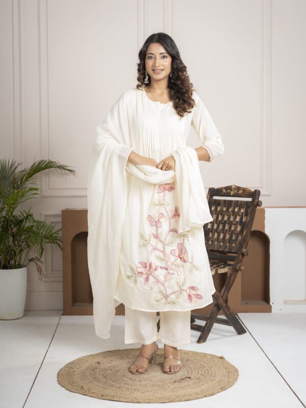 White Cotton Mulmul A-Line Suit Set with Hand Embroidery ethnic wear for women, festive ethnic wear, festive suit set, lightweight silk blend suit, silk blend suit set, silk kurta set, women’s silk suit 