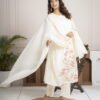 White Cotton Mulmul A-Line Suit Set with Hand Embroidery ethnic wear for women, festive ethnic wear, festive suit set, lightweight silk blend suit, silk blend suit set, silk kurta set, women’s silk suit 