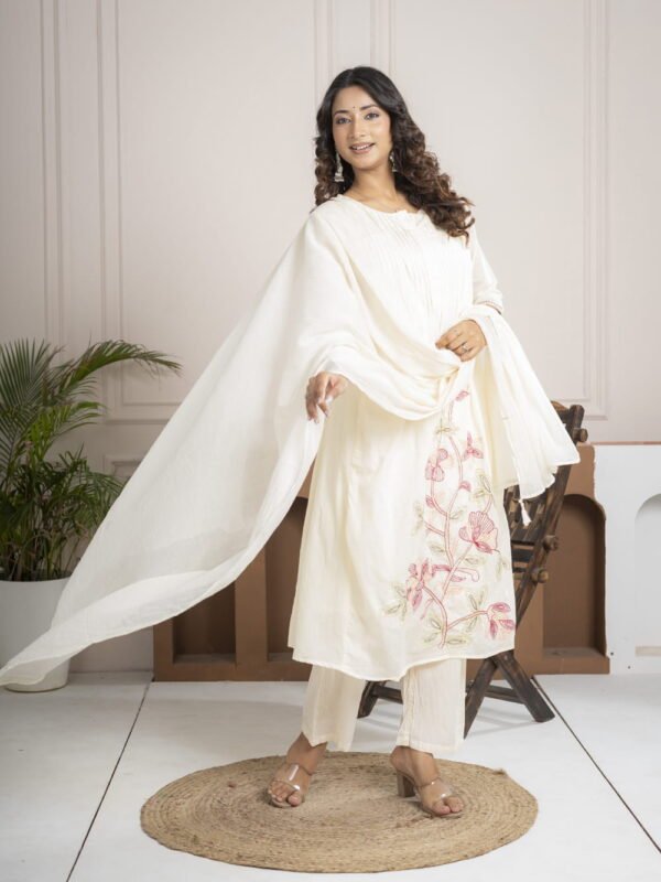 White Cotton Mulmul A-Line Suit Set with Hand Embroidery ethnic wear for women, festive ethnic wear, festive suit set, lightweight silk blend suit, silk blend suit set, silk kurta set, women’s silk suit 