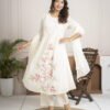 White Cotton Mulmul A-Line Suit Set with Hand Embroidery ethnic wear for women, festive ethnic wear, festive suit set, lightweight silk blend suit, silk blend suit set, silk kurta set, women’s silk suit 