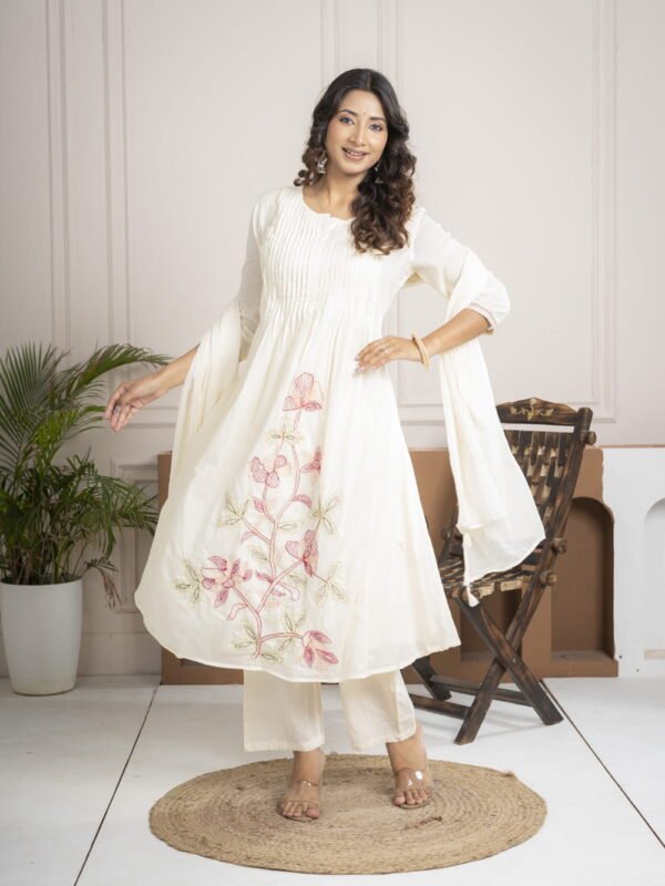 White Cotton Mulmul A-Line Suit Set with Hand Embroidery ethnic wear for women, festive ethnic wear, festive suit set, lightweight silk blend suit, silk blend suit set, silk kurta set, women’s silk suit 