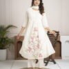 White Cotton Mulmul A-Line Suit Set with Hand Embroidery ethnic wear for women, festive ethnic wear, festive suit set, lightweight silk blend suit, silk blend suit set, silk kurta set, women’s silk suit 