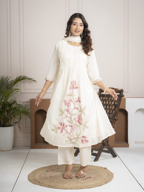 White Cotton Mulmul A-Line Suit Set with Hand Embroidery ethnic wear for women, festive ethnic wear, festive suit set, lightweight silk blend suit, silk blend suit set, silk kurta set, women’s silk suit 