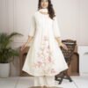 White Cotton Mulmul A-Line Suit Set with Hand Embroidery ethnic wear for women, festive ethnic wear, festive suit set, lightweight silk blend suit, silk blend suit set, silk kurta set, women’s silk suit 