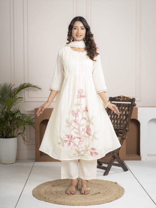 White Cotton Mulmul A-Line Suit Set with Hand Embroidery ethnic wear for women, festive ethnic wear, festive suit set, lightweight silk blend suit, silk blend suit set, silk kurta set, women’s silk suit 