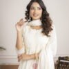 White Cotton Mulmul A-Line Suit Set with Hand Embroidery ethnic wear for women, festive ethnic wear, festive suit set, lightweight silk blend suit, silk blend suit set, silk kurta set, women’s silk suit 