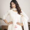 White Cotton Mulmul A-Line Suit Set with Hand Embroidery ethnic wear for women, festive ethnic wear, festive suit set, lightweight silk blend suit, silk blend suit set, silk kurta set, women’s silk suit 