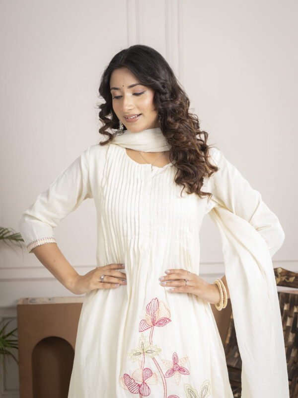 White Cotton Mulmul A-Line Suit Set with Hand Embroidery ethnic wear for women, festive ethnic wear, festive suit set, lightweight silk blend suit, silk blend suit set, silk kurta set, women’s silk suit 