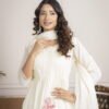 White Cotton Mulmul A-Line Suit Set with Hand Embroidery ethnic wear for women, festive ethnic wear, festive suit set, lightweight silk blend suit, silk blend suit set, silk kurta set, women’s silk suit 