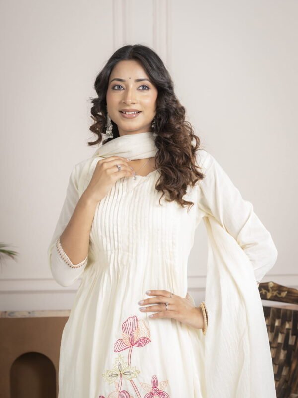 White Cotton Mulmul A-Line Suit Set with Hand Embroidery ethnic wear for women, festive ethnic wear, festive suit set, lightweight silk blend suit, silk blend suit set, silk kurta set, women’s silk suit 